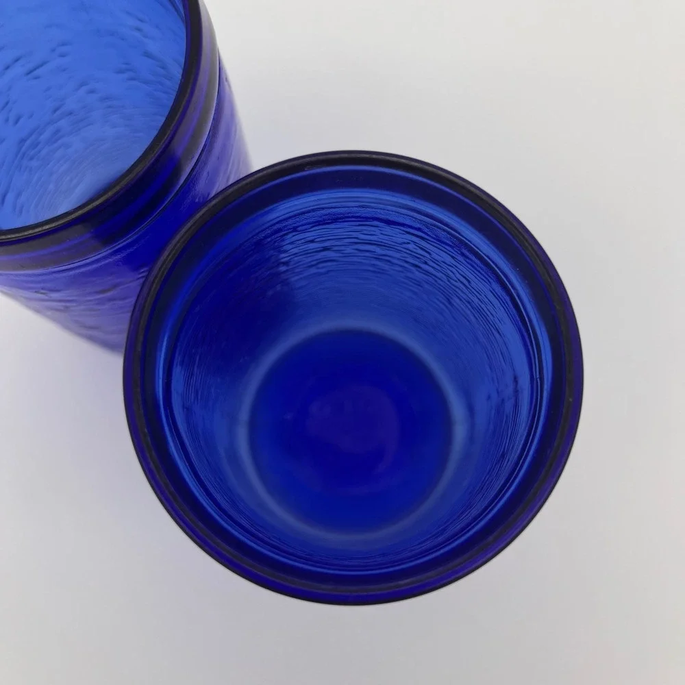 Vintage Cobalt Blue Textured Bark Glass Tumblers Set of 2 Drinking Glasses